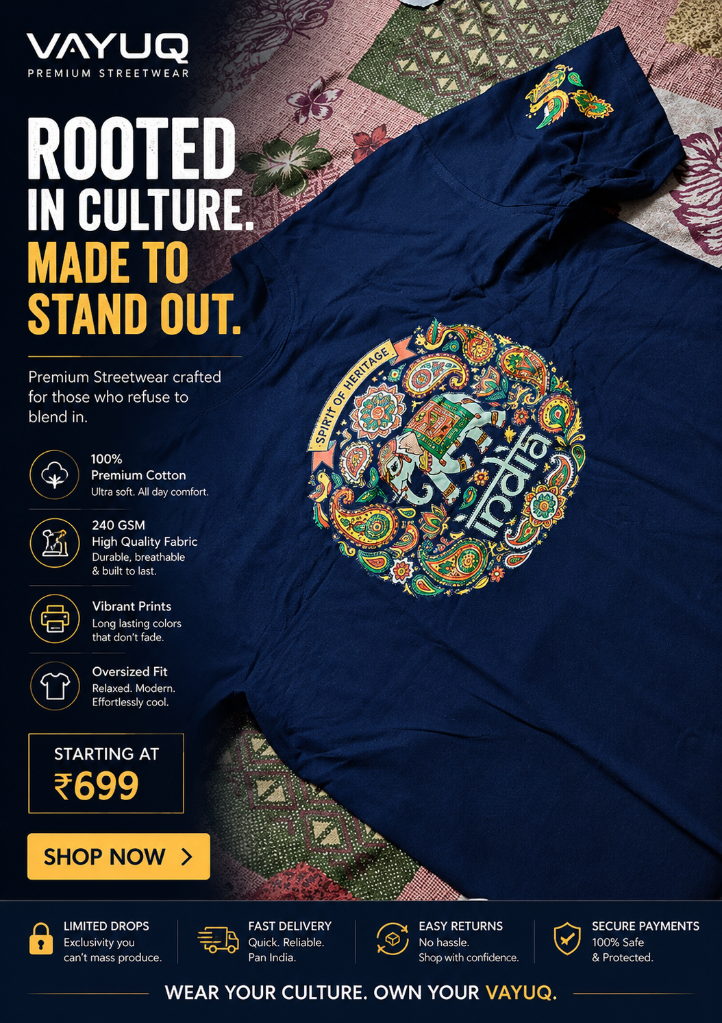 VAYUQ 100% Cotton Indian Heritage Printed Unisex Oversized T Shirt