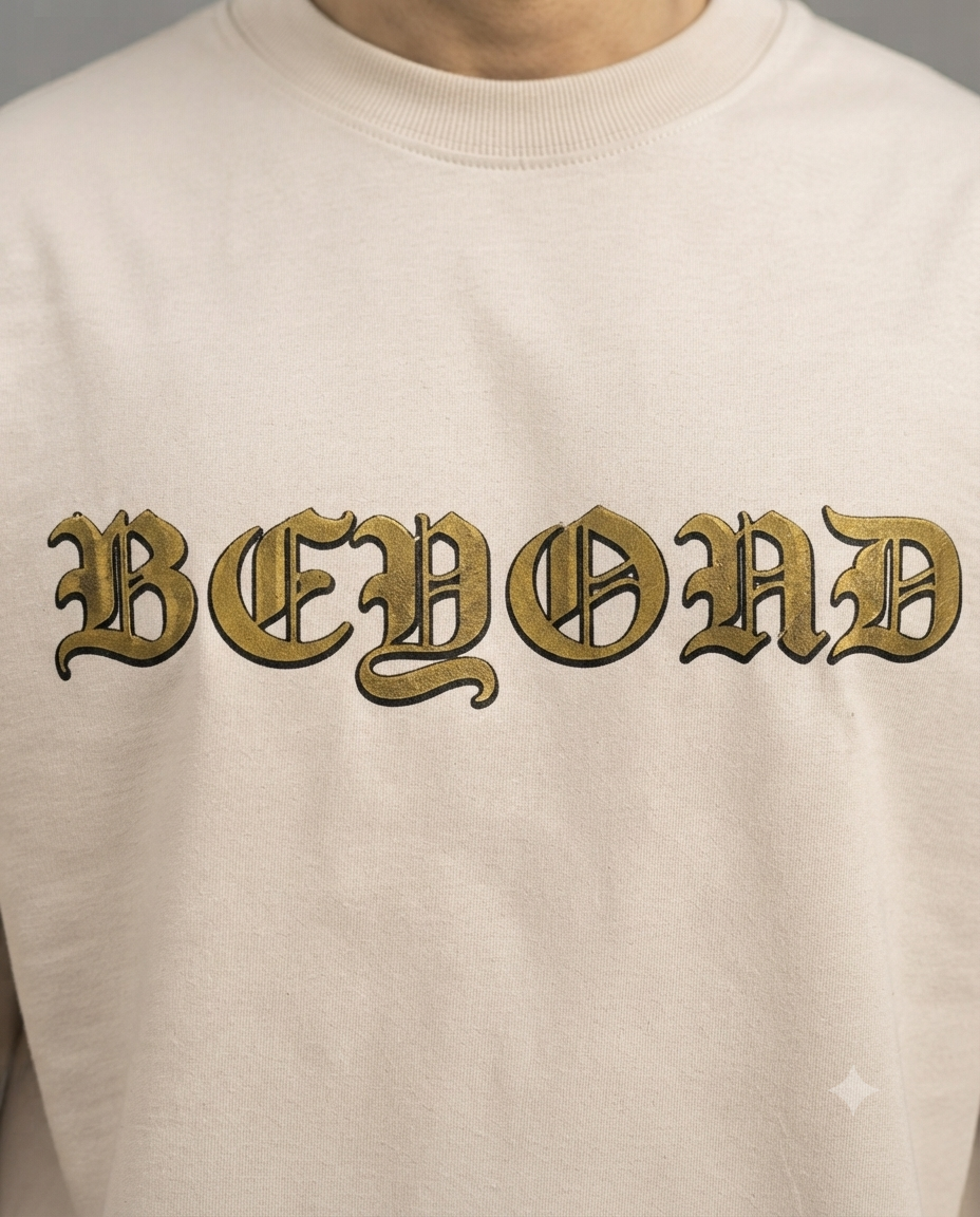 Oversized “BEYOND” Graphic T-Shirt – Beige | Japanese-Inspired Streetwear.