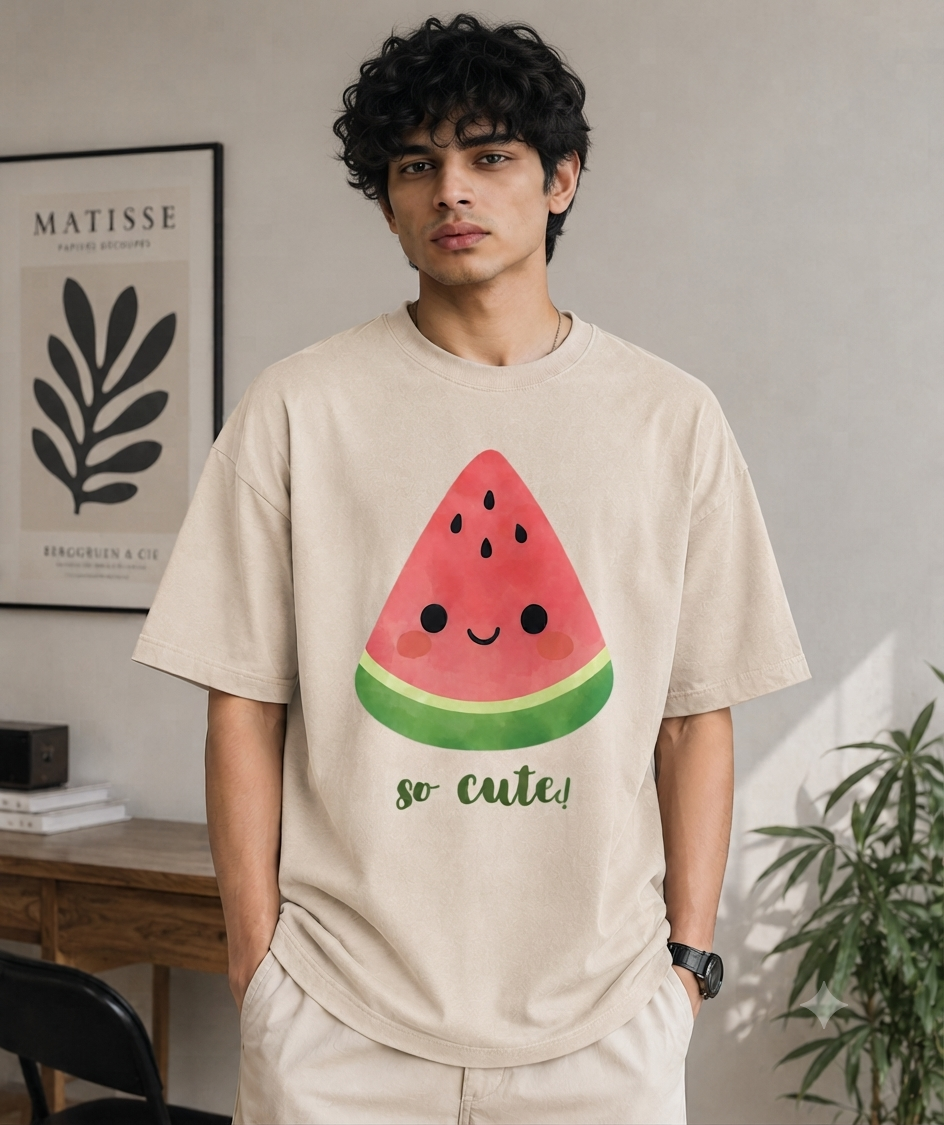 VAYUQ Men's Oversized So Cute Watermelon Graphic T-Shirt - Cream | Beige