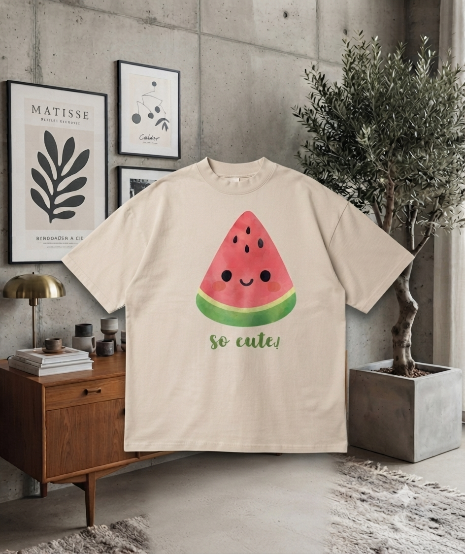 VAYUQ Men's Oversized So Cute Watermelon Graphic T-Shirt - Cream | Beige