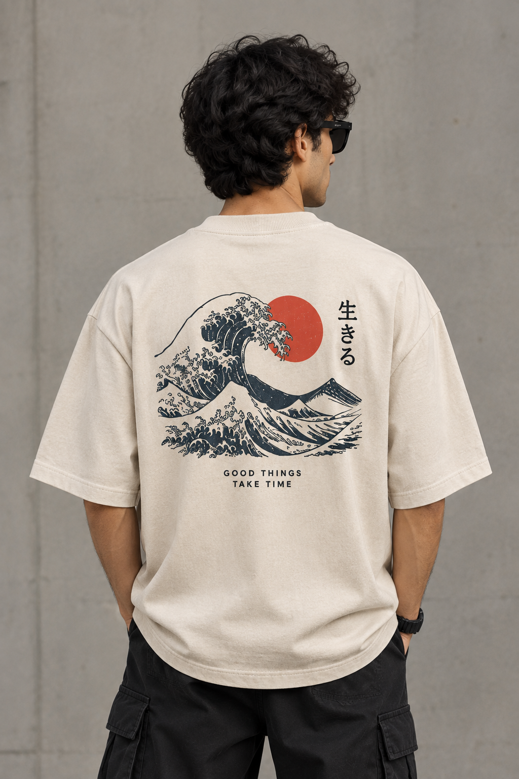 Oversized Japanese Wave Graphic T-Shirt – Beige | Good Things Take Time