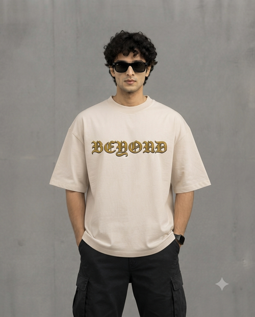 Oversized “BEYOND” Graphic T-Shirt – Beige | Japanese-Inspired Streetwear.