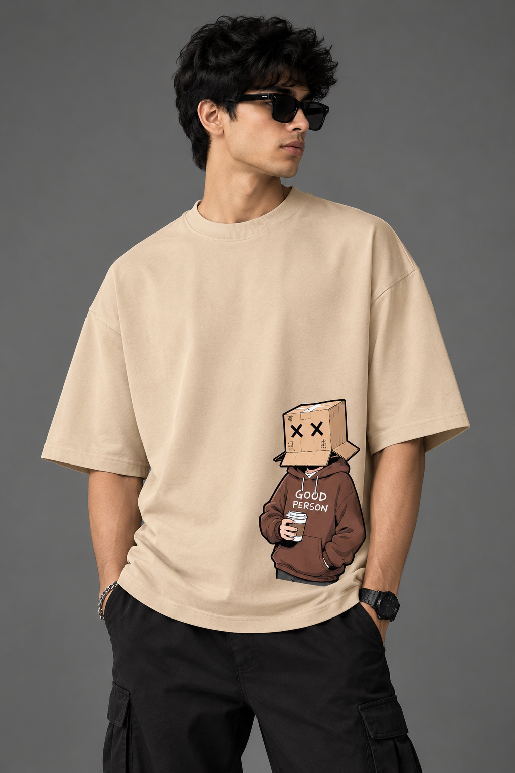 VAYUQ Men’s Oversized Good Person Graphic T-Shirt – Beige | Streetwear