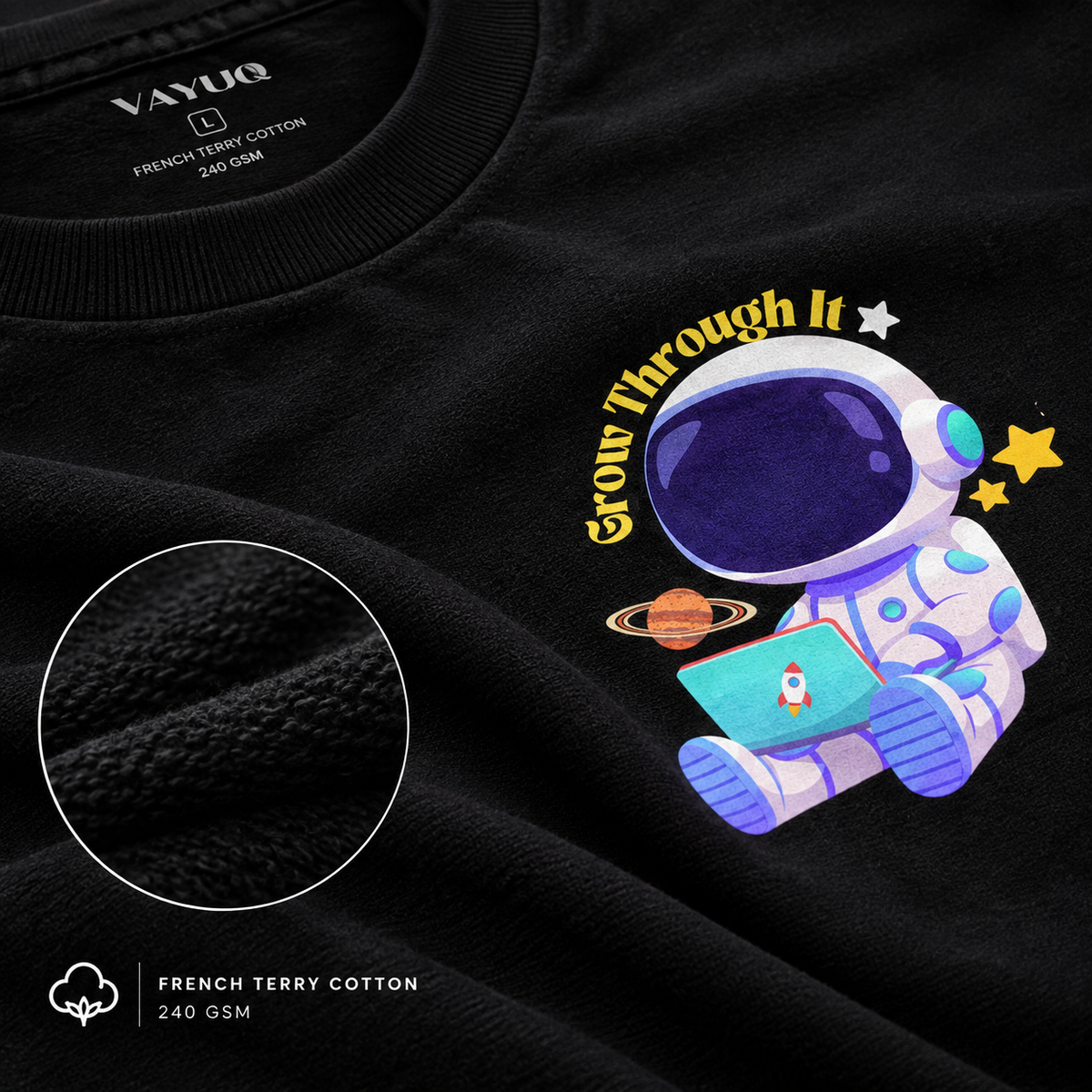 VAYUQ Grow Through It Astronaut Graphic Tee. Black